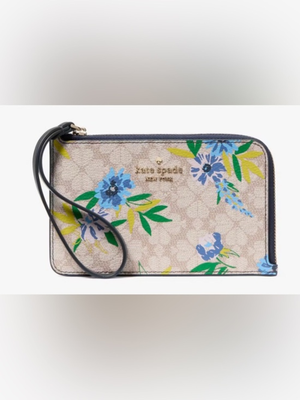 Lucy Spade Flower Floral Small L-zip X
Wristlet/Beige & Blue